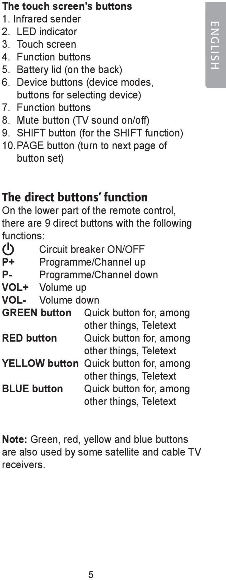 PAGE button (turn to next page of button set) ENGLISH The direct buttons function On the lower part of the remote control, there are 9 direct buttons with the following functions: Circuit breaker