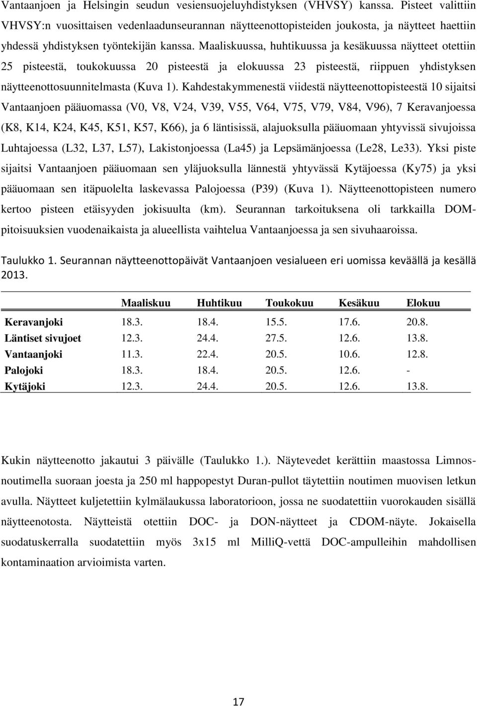 Maaliskuussa, huhtikuussa ja kesäkuussa näytteet otettiin 25 pisteestä, toukokuussa 20 pisteestä ja elokuussa 23 pisteestä, riippuen yhdistyksen näytteenottosuunnitelmasta (Kuva 1).