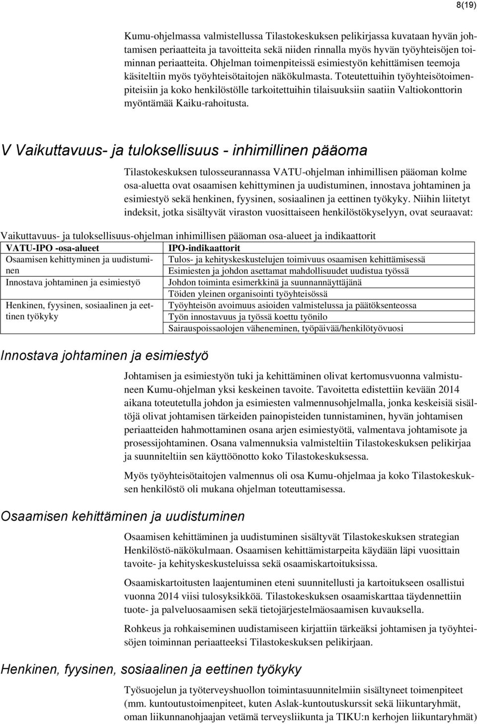 Toteutettuihin työyhteisötoimenpiteisiin ja koko henkilöstölle tarkoitettuihin tilaisuuksiin saatiin Valtiokonttorin myöntämää Kaiku-rahoitusta.