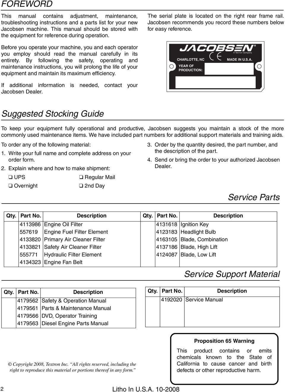 Jacobsen recommends you record these numbers below for easy reference. Before you operate your machine, you and each operator you employ should read the manual carefully in its entirety.