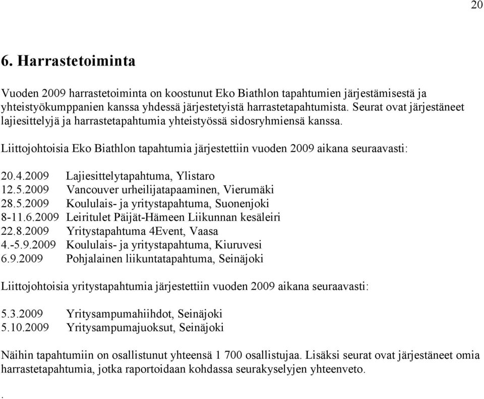 2009 Lajiesittelytapahtuma, Ylistaro 12.5.2009 Vancouver urheilijatapaaminen, Vierumäki 28.5.2009 Koululais- ja yritystapahtuma, Suonenjoki 8-11.6.2009 Leiritulet Päijät-Hämeen Liikunnan kesäleiri 22.