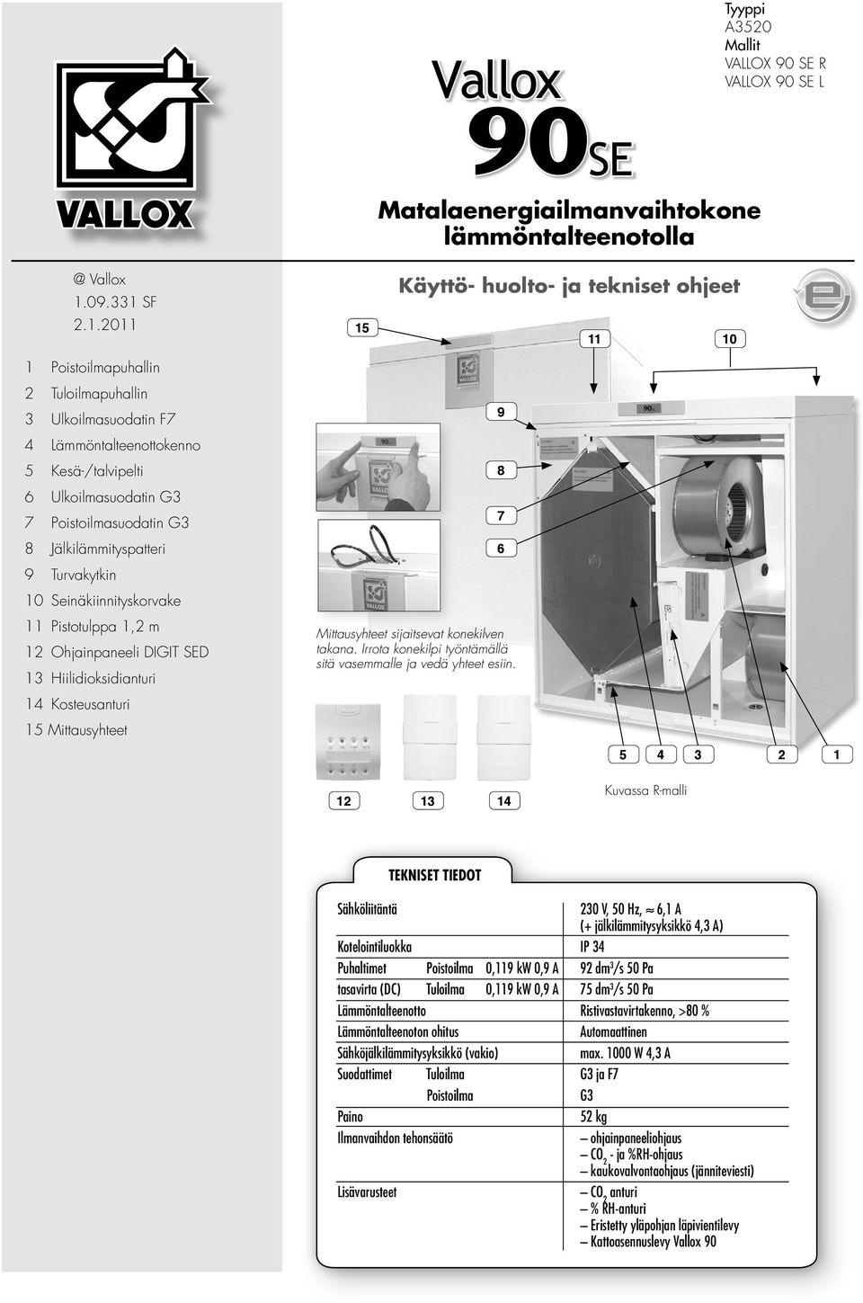 Seinäkiinnityskorvake 5 Käyttö- huolto- ja tekniset ohjeet 0 9 8 7 6 Pistotulppa,2 m 2 Ohjainpaneeli DIGIT SED 3 Hiilidioksidianturi Mittausyhteet sijaitsevat konekilven takana.