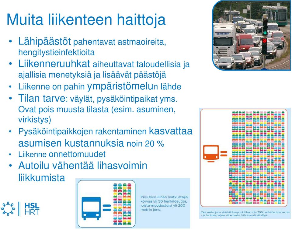 Tilan tarve: väylät, pysäköintipaikat yms. Ovat pois muusta tilasta (esim.