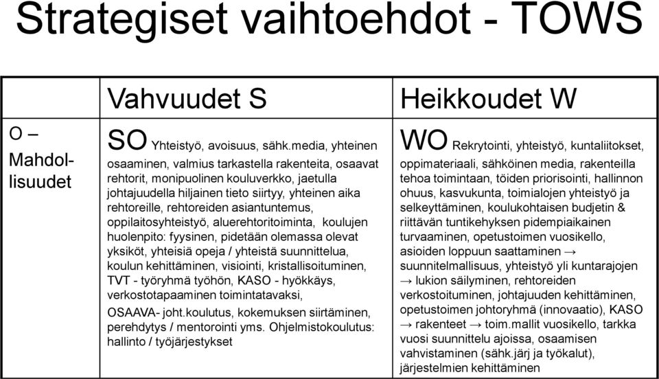 asiantuntemus, oppilaitosyhteistyö, aluerehtoritoiminta, koulujen huolenpito: fyysinen, pidetään olemassa olevat yksiköt, yhteisiä opeja / yhteistä suunnittelua, koulun kehittäminen, visiointi,