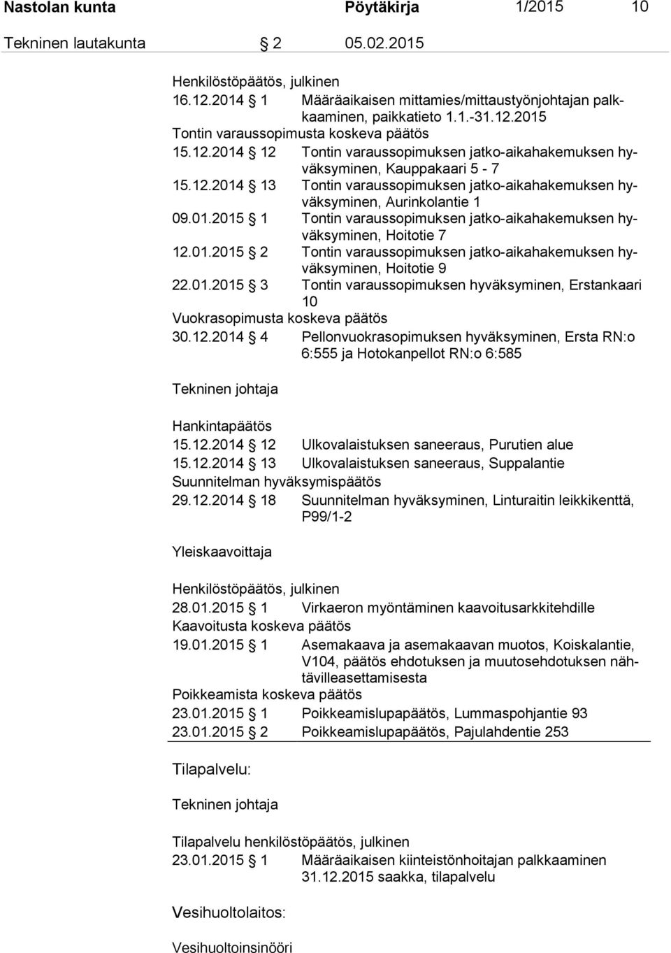 01.2015 2 Tontin varaussopimuksen jatko-aikahakemuksen hyväk sy mi nen, Hoitotie 9 22.01.2015 3 Tontin varaussopimuksen hyväksyminen, Erstankaari 10 Vuokrasopimusta koskeva päätös 30.12.