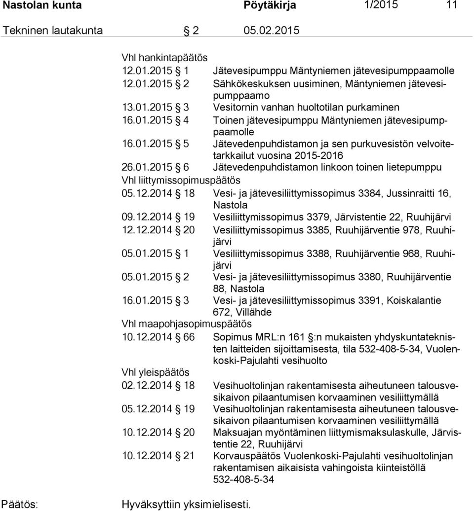 01.2015 6 Jätevedenpuhdistamon linkoon toinen lietepumppu Vhl liittymissopimuspäätös 05.12.2014 18 Vesi- ja jätevesiliittymissopimus 3384, Jussinraitti 16, Nas to la 09.12.2014 19 Vesiliittymissopimus 3379, Järvistentie 22, Ruuhijärvi 12.