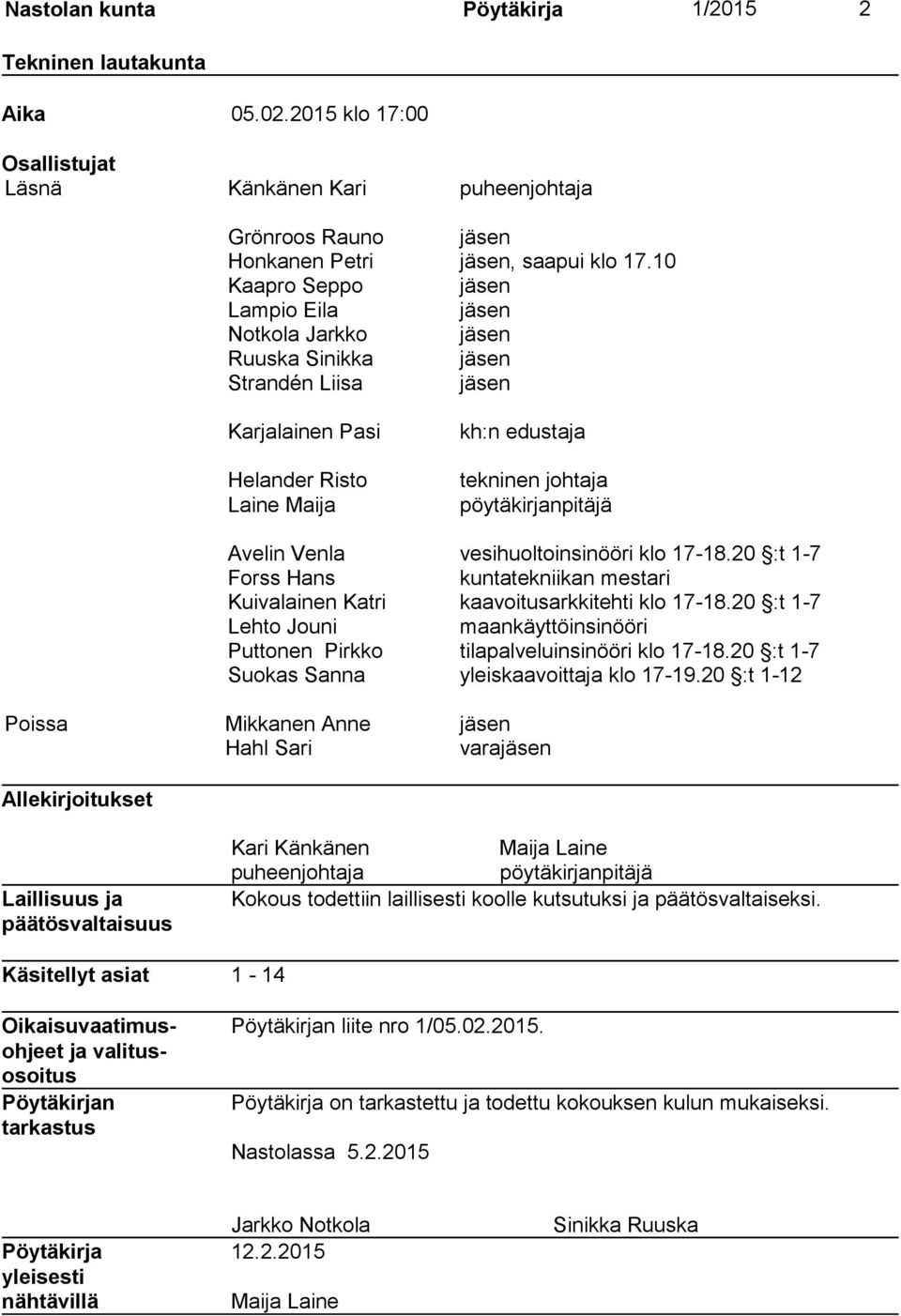 Avelin Venla vesihuoltoinsinööri klo 17-18.20 :t 1-7 Forss Hans kuntatekniikan mestari Kuivalainen Katri kaavoitusarkkitehti klo 17-18.