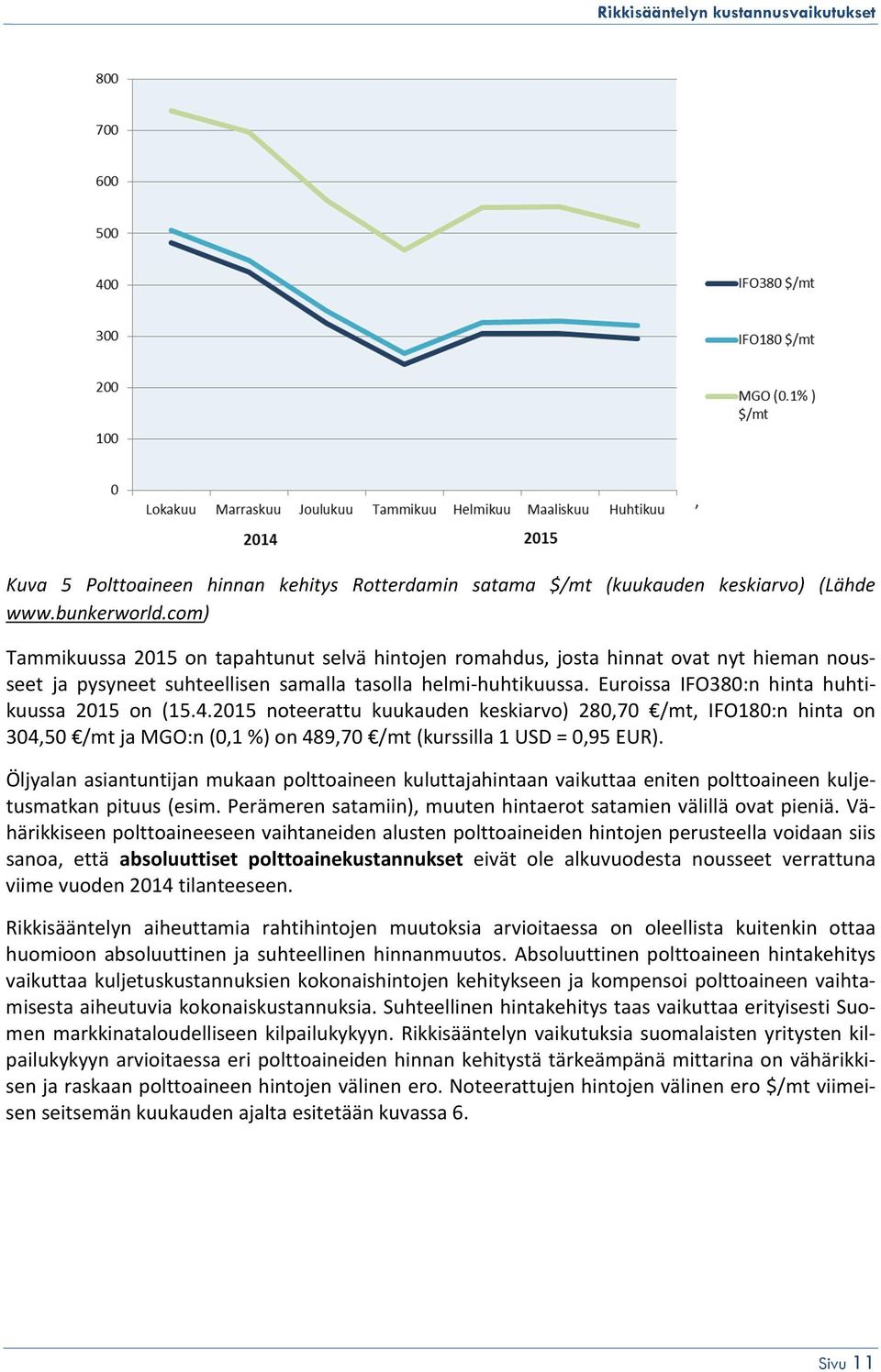 Euroissa IFO380:n hinta huhtikuussa 2015 on (15.4.2015 noteerattu kuukauden keskiarvo) 280,70 /mt, IFO180:n hinta on 304,50 /mt ja MGO:n (0,1 %) on 489,70 /mt (kurssilla 1 USD = 0,95 EUR).