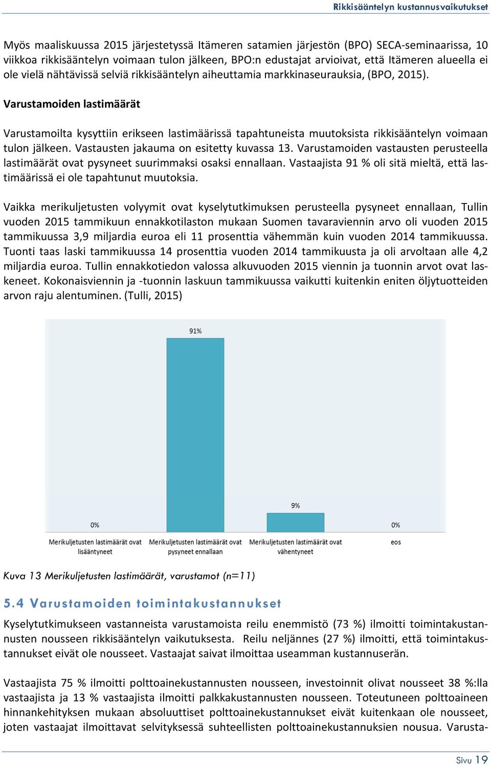 Varustamoiden lastimäärät Varustamoilta kysyttiin erikseen lastimäärissä tapahtuneista muutoksista rikkisääntelyn voimaan tulon jälkeen. Vastausten jakauma on esitetty kuvassa 13.