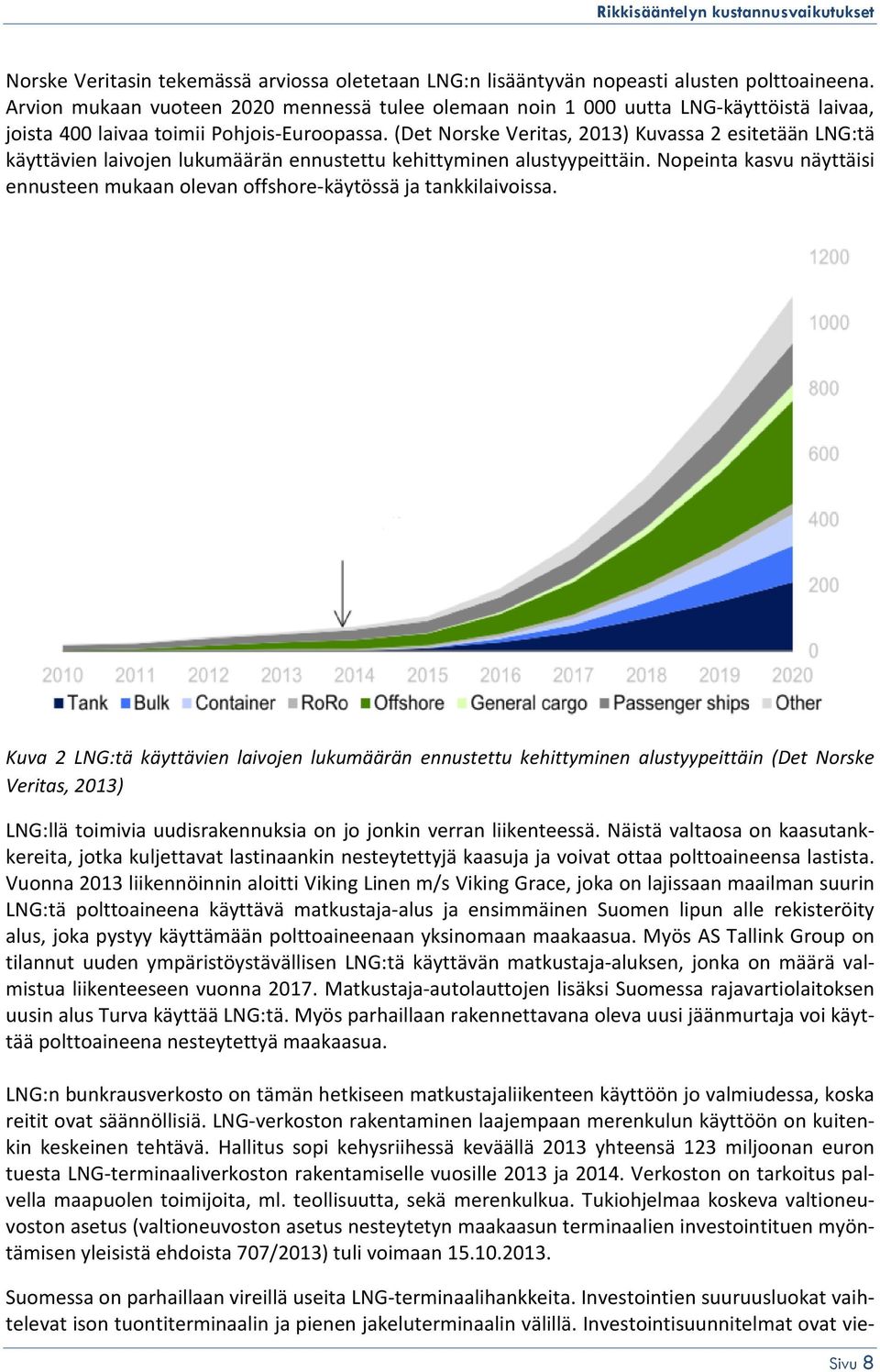 (Det Norske Veritas, 2013) Kuvassa 2 esitetään LNG:tä käyttävien laivojen lukumäärän ennustettu kehittyminen alustyypeittäin.