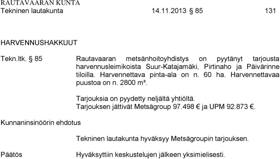 ja Päivärinne tiloilla. Harvennettava pinta-ala on n. 60 ha. Harvennettavaa puustoa on n. 2800 m³.