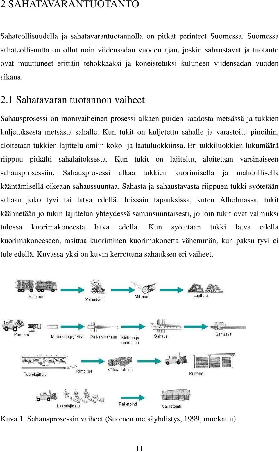 1 Sahatavaran tuotannon vaiheet Sahausprosessi on monivaiheinen prosessi alkaen puiden kaadosta metsässä ja tukkien kuljetuksesta metsästä sahalle.