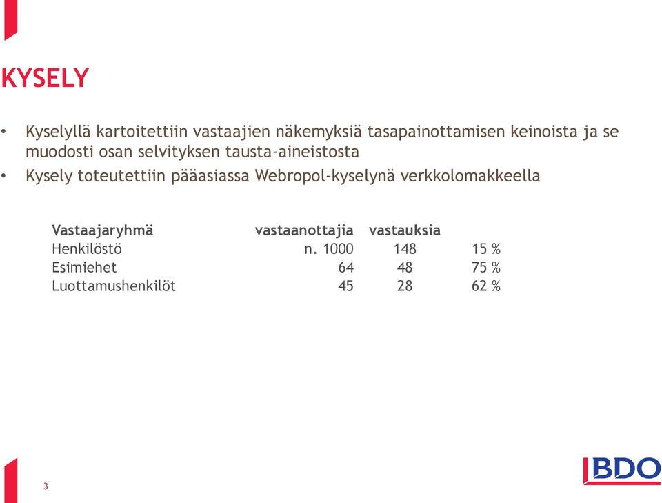 toteutettiin pääasiassa Webropol-kyselynä verkkolomakkeella Vastaajaryhmä