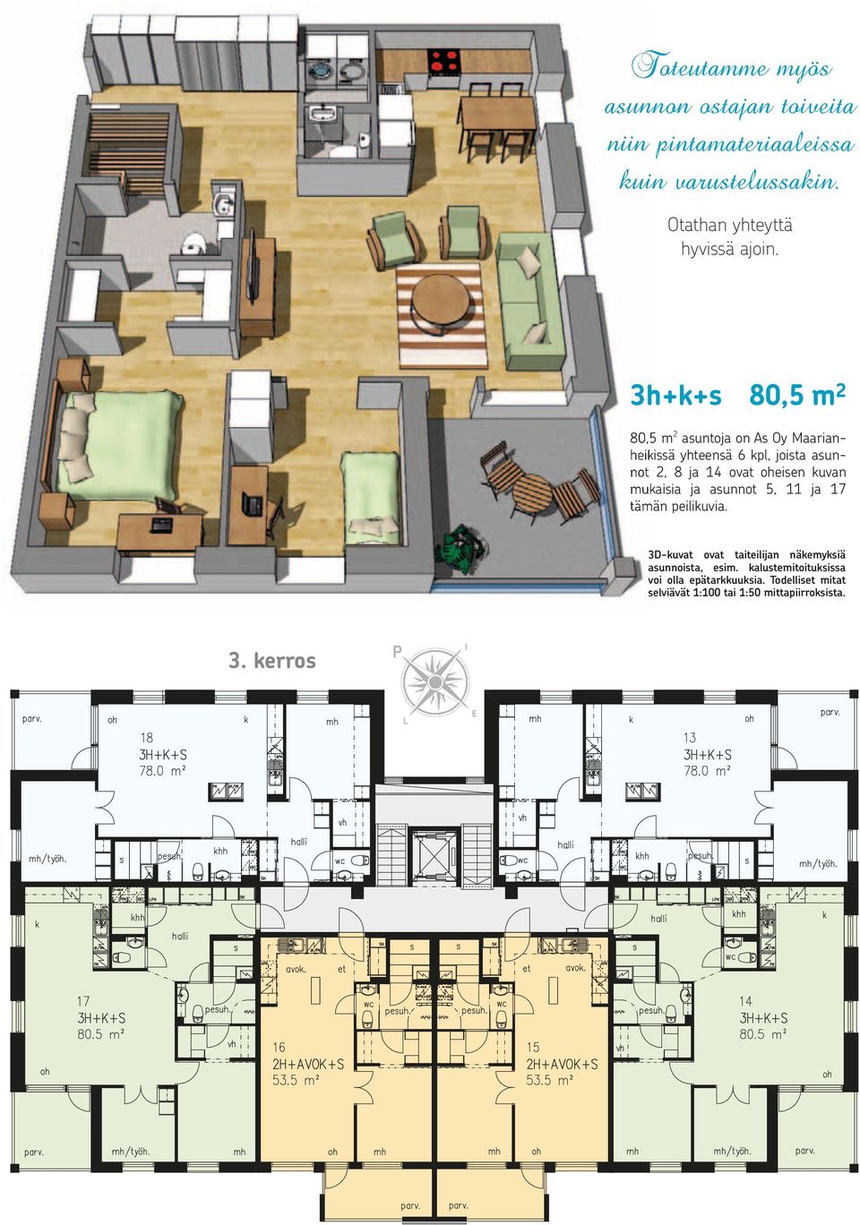 3h+k+s 80,5 m 2 80,5 m 2 asuntoja on As Oy Maarian- heikissä yhteensä 6 kpl, joista asunnot 2, 8 ja 14 ovat oheisen