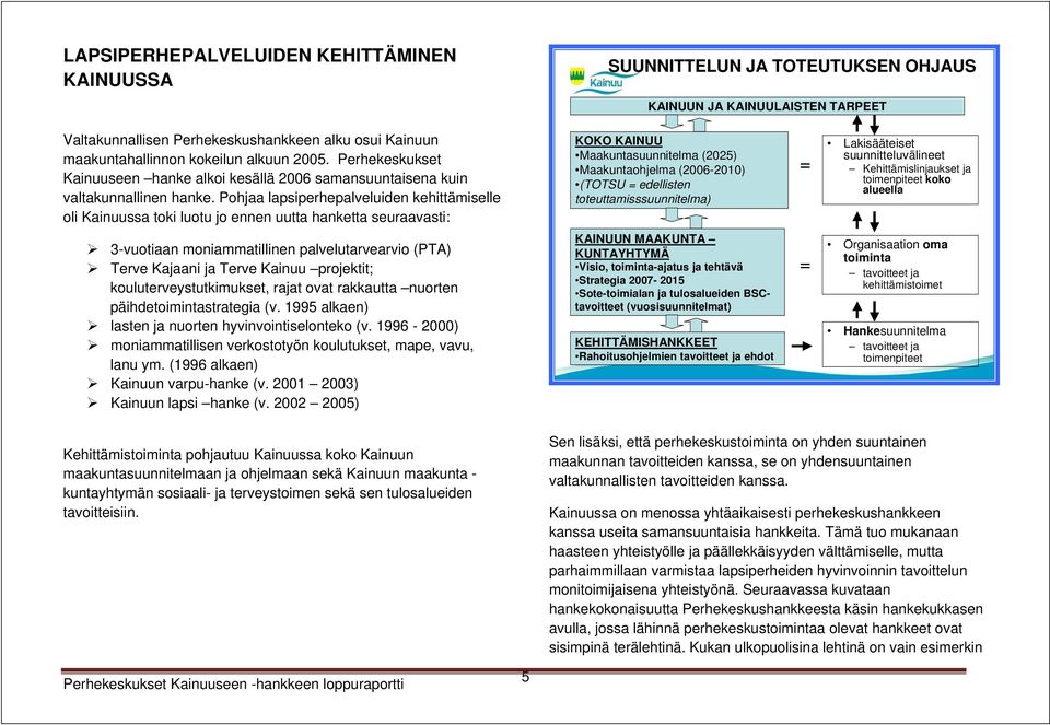 Pohjaa lapsiperhepalveluiden kehittämiselle oli Kainuussa toki luotu jo ennen uutta hanketta seuraavasti: KOKO KAINUU Maakuntasuunnitelma (2025) Maakuntaohjelma (2006-2010) (TOTSU = edellisten