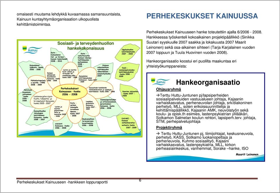 koordinointi Kainuussa -hanke Päihdehoitopalvelu 2006-2008 a nuorille PÄRE 2008-2009 Lastensuojelun sijaishuolto, tukiperhe- ja kriisipalvelut Kainuussa - hanke 2005-2007 Sosiaalihuollon teknologian