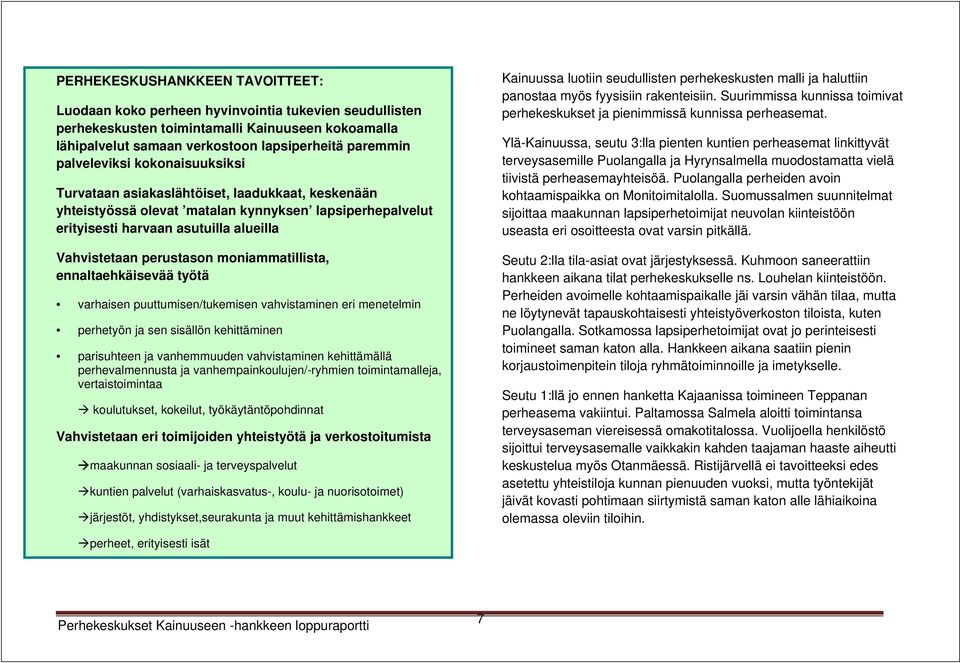 moniammatillista, ennaltaehkäisevää työtä varhaisen puuttumisen/tukemisen vahvistaminen eri menetelmin perhetyön ja sen sisällön kehittäminen parisuhteen ja vanhemmuuden vahvistaminen kehittämällä