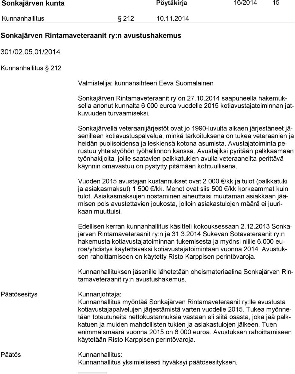 2014 saapuneella ha ke muksel la anonut kunnalta 6 000 euroa vuodelle 2015 kotiavustajatoiminnan jatku vuu den turvaamiseksi.