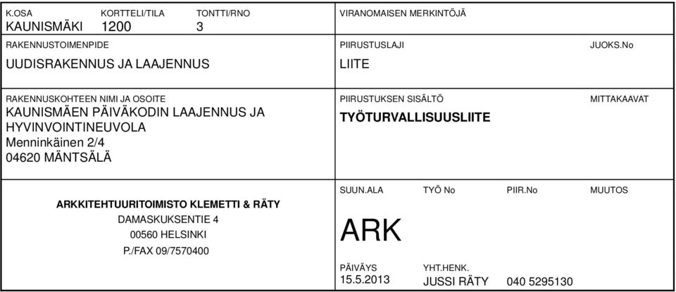 LAAJENNUS JA HYVINVOINTINEUVOLA Menninkäinen 2/4 04620 MÄNTSÄLÄ TYÖTURVALLISUUSLIITE ARKKITEHTUURITOIMISTO KLEMETTI & RÄTY