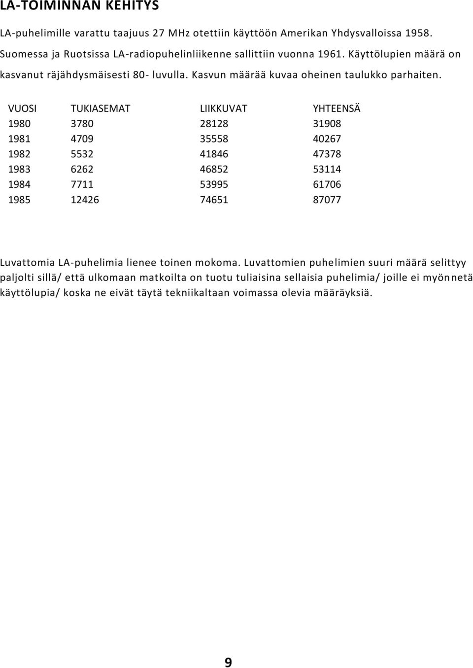 VUOSI TUKIASEMAT LIIKKUVAT YHTEENSÄ 1980 3780 28128 31908 1981 4709 35558 40267 1980 1982 5532 41846 47378 1983 6262 46852 53114 1984 7711 53995 61706 1985 12426 74651 87077