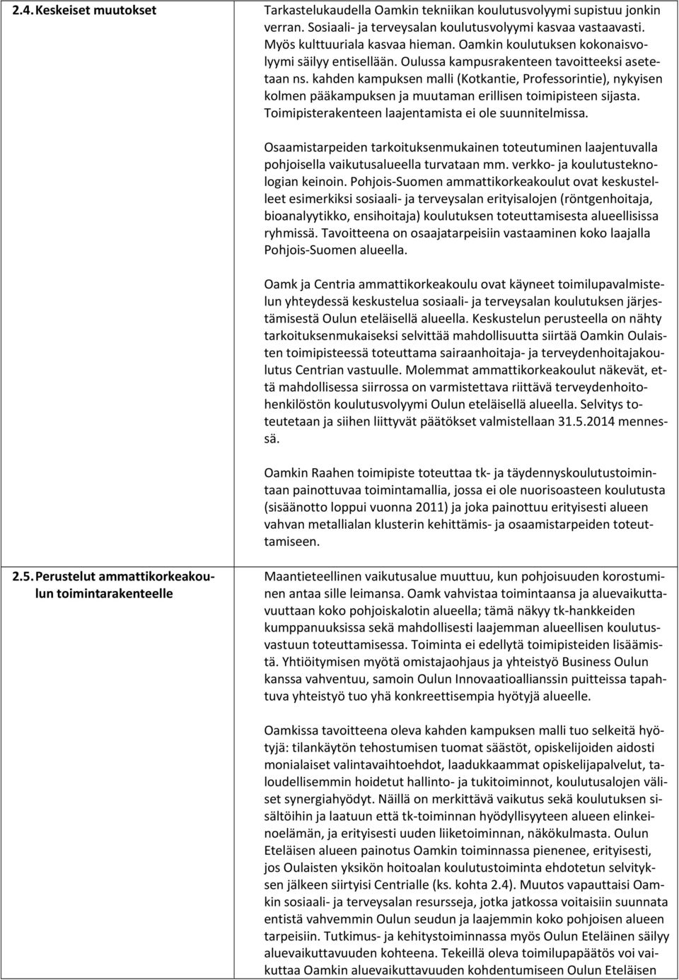 kahden kampuksen malli (Kotkantie, Professorintie), nykyisen kolmen pääkampuksen ja muutaman erillisen toimipisteen sijasta. Toimipisterakenteen laajentamista ei ole suunnitelmissa.