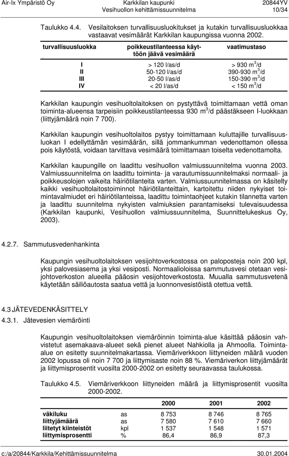 vesihuoltolaitoksen on pystyttävä toimittamaan vettä oman toiminta-alueensa tarpeisiin poikkeustilanteessa 930 m 3 /d päästäkseen I-luokkaan (liittyjämäärä noin 7 700).