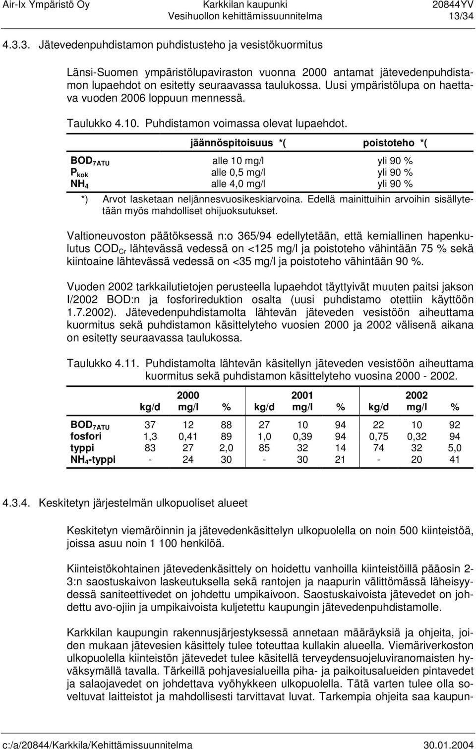 Uusi ympäristölupa on haettava vuoden 2006 loppuun mennessä. Taulukko 4.10. Puhdistamon voimassa olevat lupaehdot.