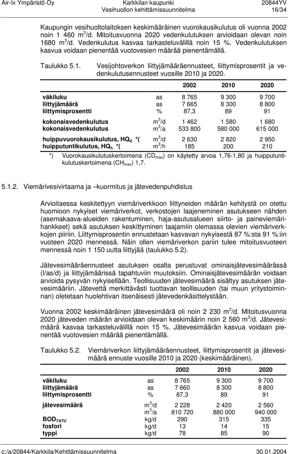 Taulukko 5.1. Vesijohtoverkon liittyjämääräennusteet, liittymisprosentit ja vedenkulutusennusteet vuosille 2010 ja 2020.