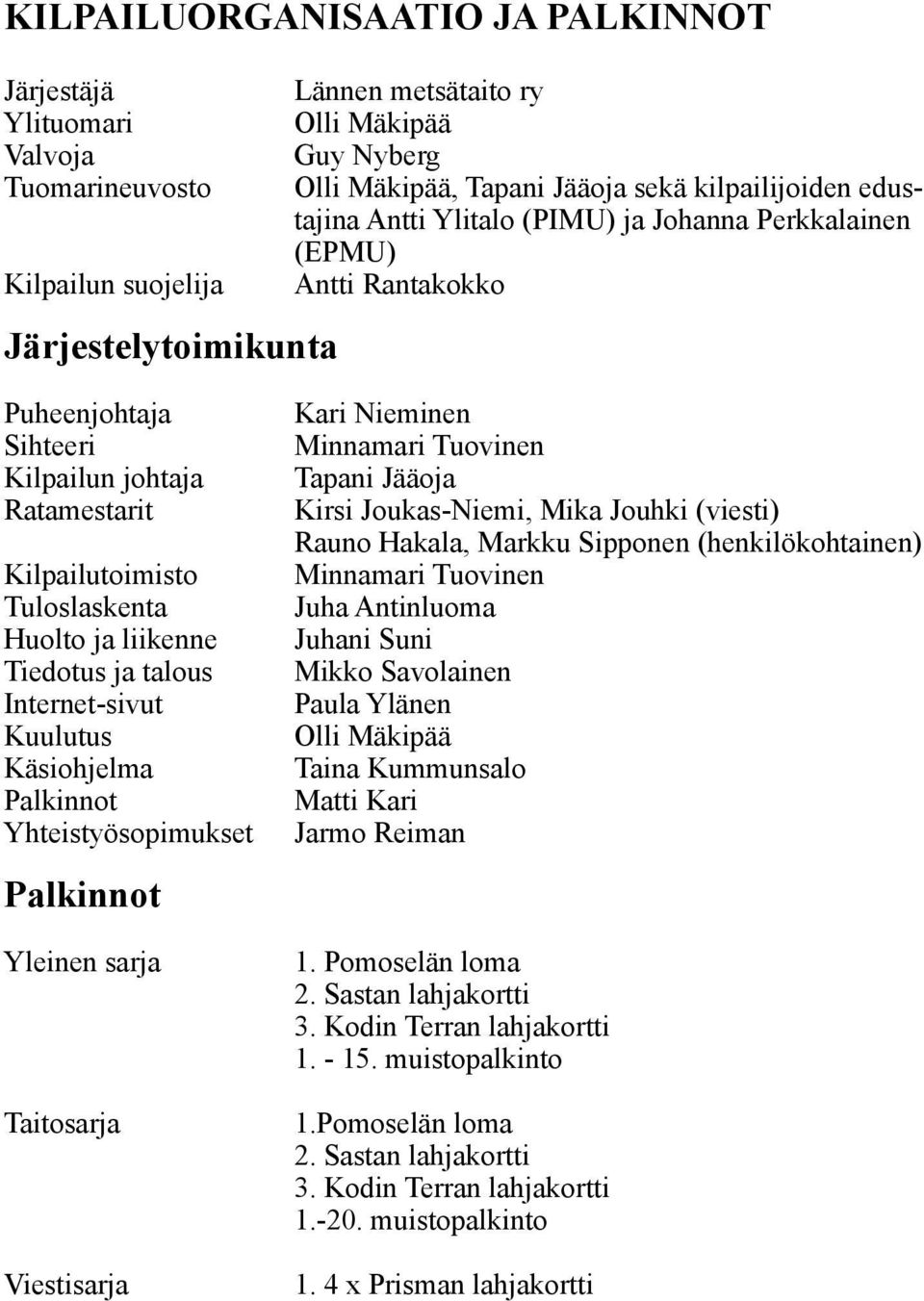 Tiedotus ja talous Internet-sivut Kuulutus Käsiohjelma Palkinnot Yhteistyösopimukset Palkinnot Yleinen sarja Taitosarja Viestisarja Kari Nieminen Minnamari Tuovinen Tapani Jääoja Kirsi Joukas-Niemi,