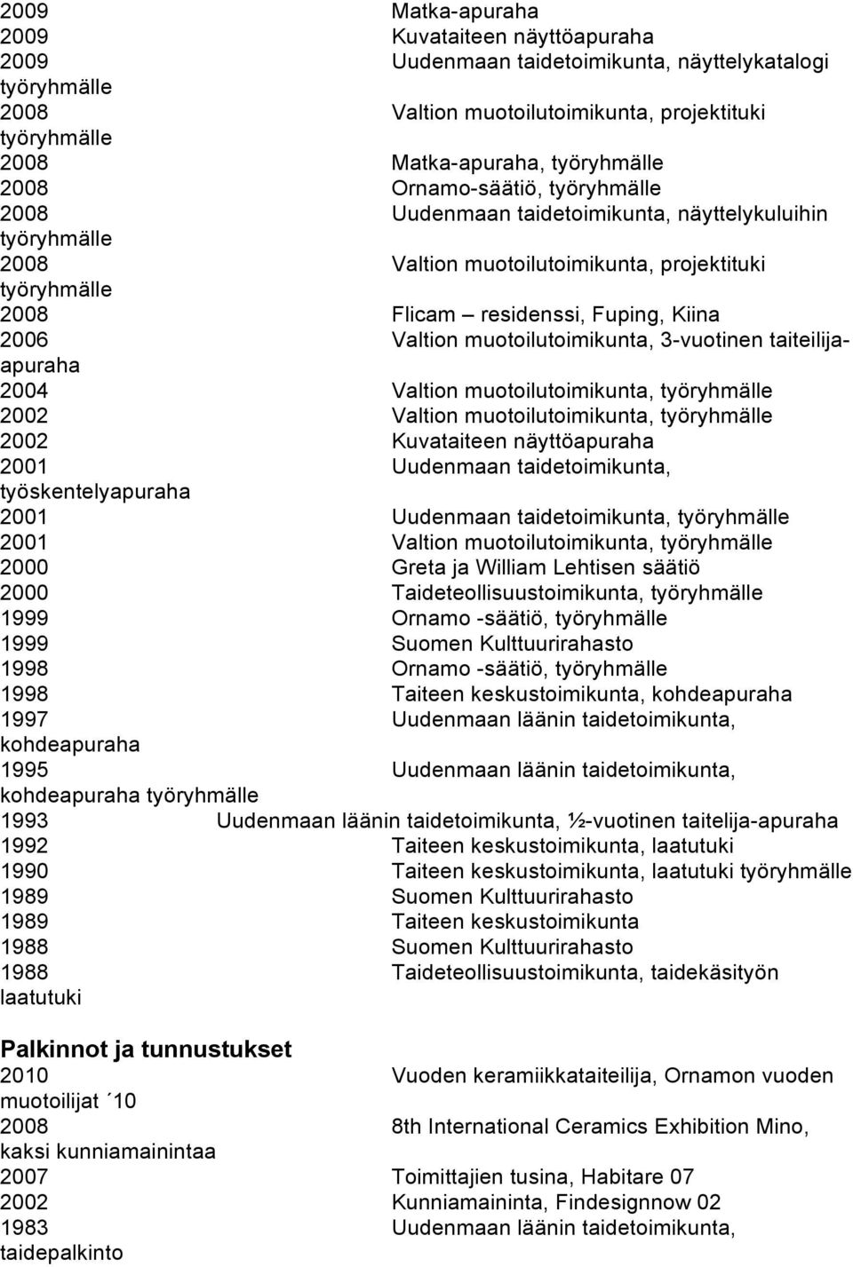 muotoilutoimikunta, 2002 Valtion muotoilutoimikunta, 2002 Kuvataiteen näyttöapuraha 2001 Uudenmaan taidetoimikunta, työskentelyapuraha 2001 Uudenmaan taidetoimikunta, 2001 Valtion muotoilutoimikunta,