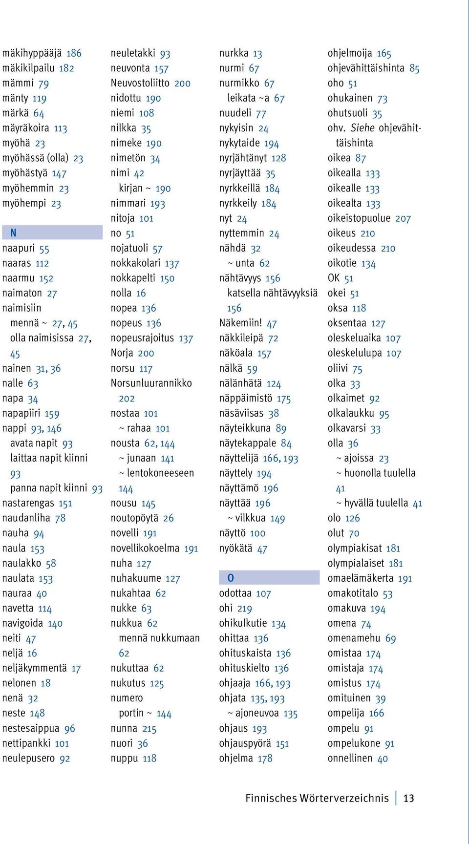 nauha 94 naula 153 naulakko 58 naulata 153 nauraa 40 navetta 114 navigoida 140 neiti 47 neljä 16 neljäkymmentä 17 nelonen 18 nenä 32 neste 148 nestesaippua 96 nettipankki 101 neulepusero 92