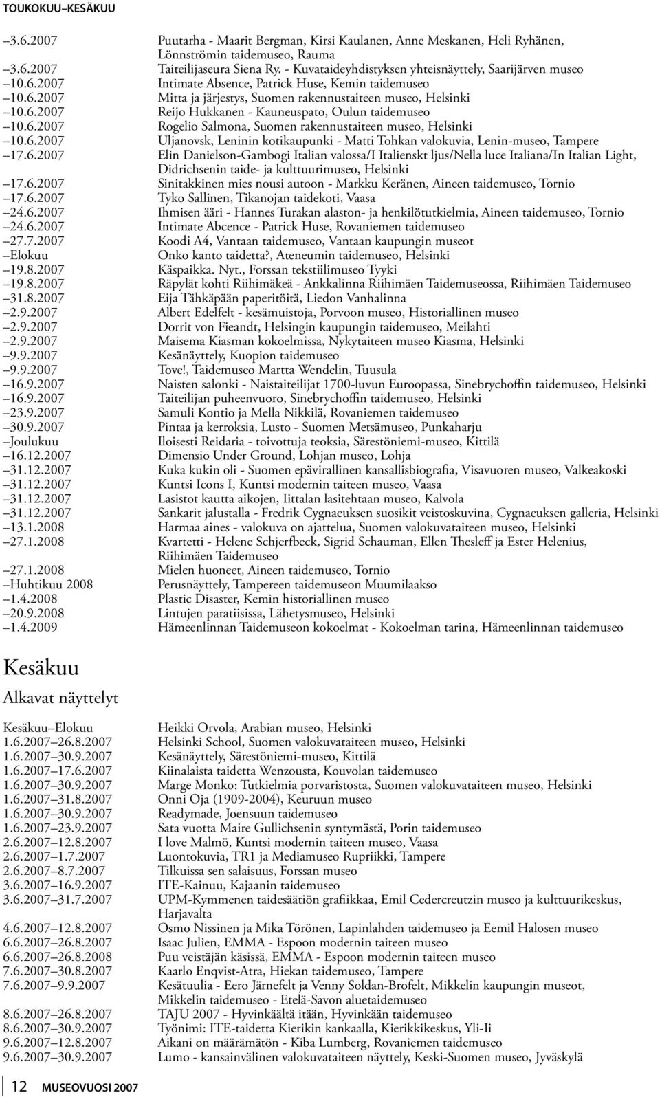 6.2007 Rogelio Salmona, Suomen rakennustaiteen museo, Helsinki 10.6.2007 Uljanovsk, Leninin kotikaupunki - Matti Tohkan valokuvia, Lenin-museo, Tampere 17.6.2007 Elin Danielson-Gambogi Italian valossa/i Italienskt ljus/nella luce Italiana/In Italian Light, Didrichsenin taide- ja kulttuurimuseo, Helsinki 17.