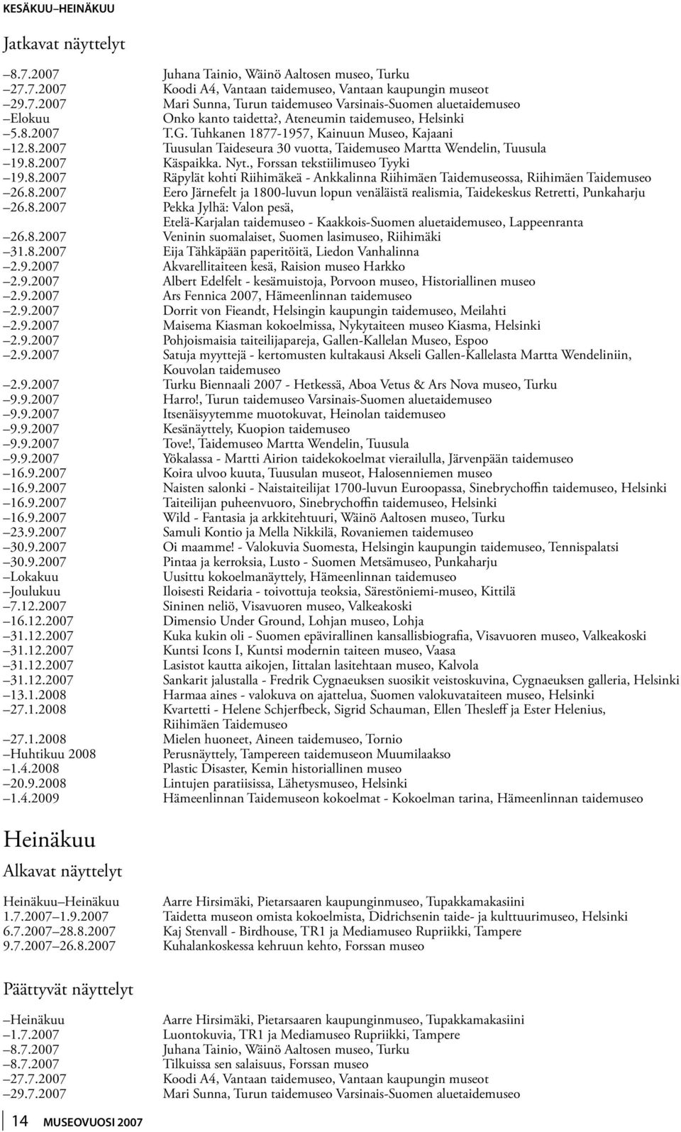 , Forssan tekstiilimuseo Tyyki 19.8.2007 Räpylät kohti Riihimäkeä - Ankkalinna Riihimäen Taidemuseossa, Riihimäen Taidemuseo 26.8.2007 Eero Järnefelt ja 1800-luvun lopun venäläistä realismia, Taidekeskus Retretti, Punkaharju 26.