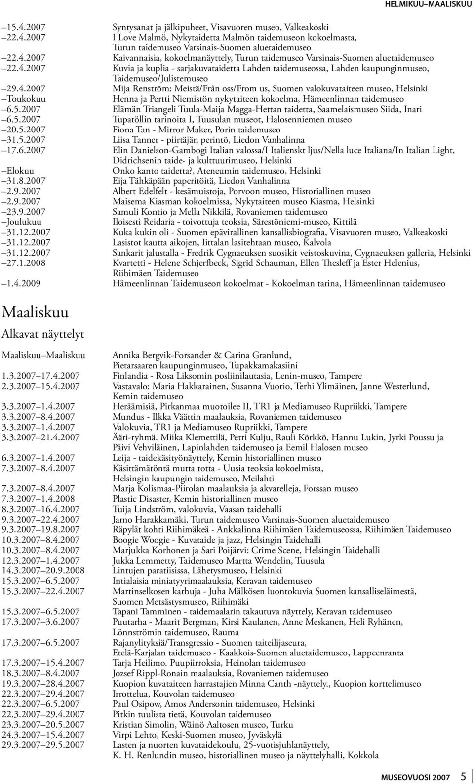 4.2007 Mija Renström: Meistä/Från oss/from us, Suomen valokuvataiteen museo, Helsinki Toukokuu Henna ja Pertti Niemistön nykytaiteen kokoelma, Hämeenlinnan taidemuseo 6.5.