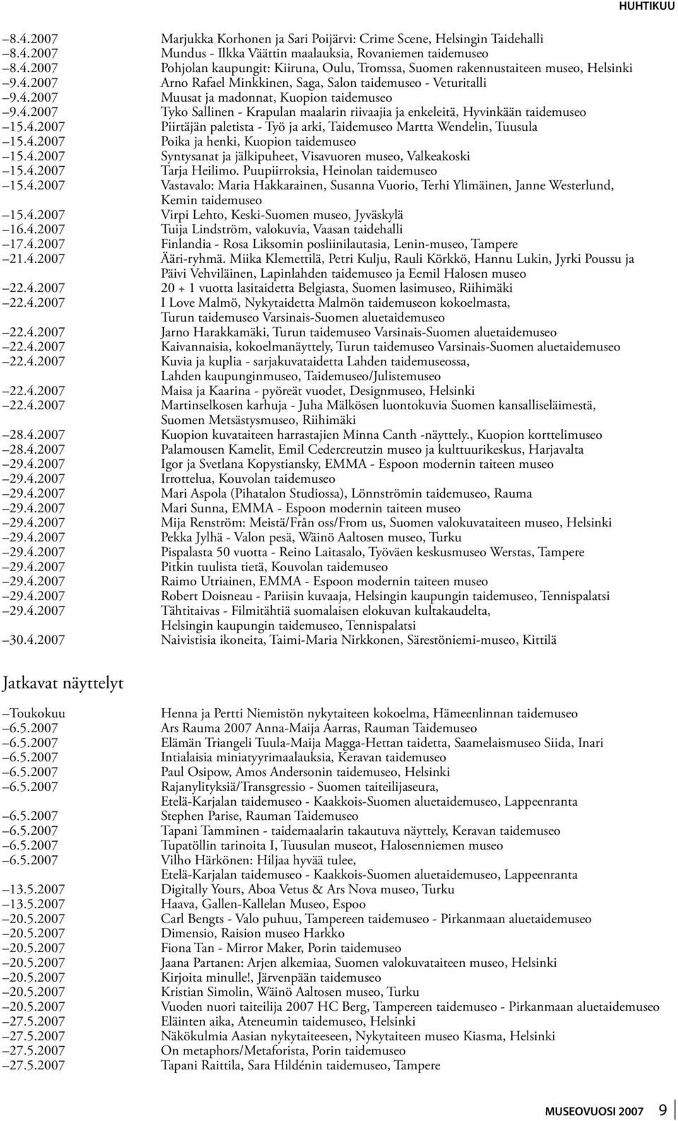 4.2007 Piirtäjän paletista - Työ ja arki, Taidemuseo Martta Wendelin, Tuusula 15.4.2007 Poika ja henki, Kuopion taidemuseo 15.4.2007 Syntysanat ja jälkipuheet, Visavuoren museo, Valkeakoski 15.4.2007 Tarja Heilimo.