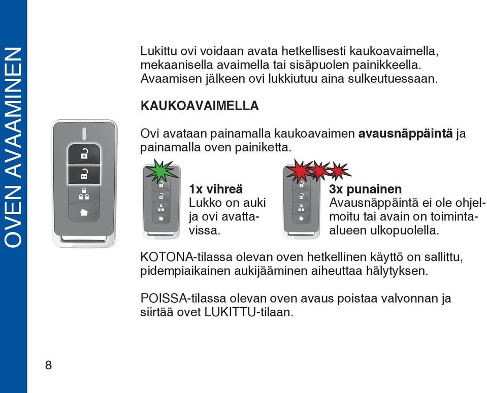 1x vihreä Lukko on auki ja ovi avattavissa. 3x punainen Avausnäppäintä ei ole ohjelmoitu tai avain on toimintaalueen ulkopuolella.