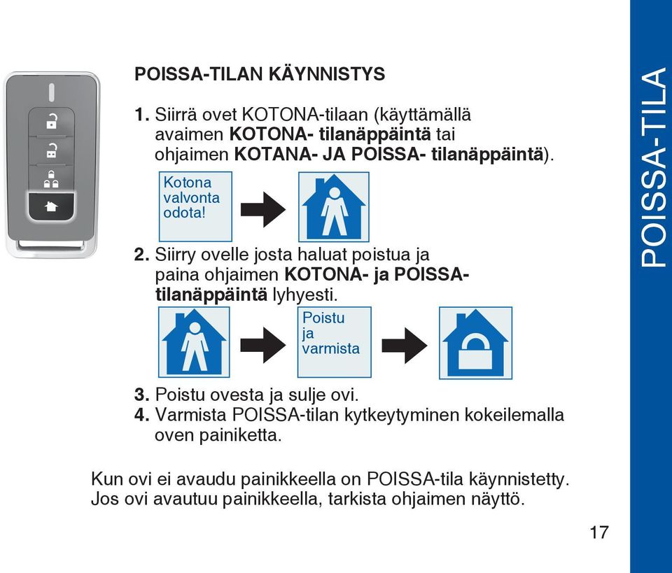 Kotona valvonta odota! 2. Siirry ovelle josta haluat poistua ja paina ohjaimen KOTONA- ja POISSAtilanäppäintä lyhyesti.