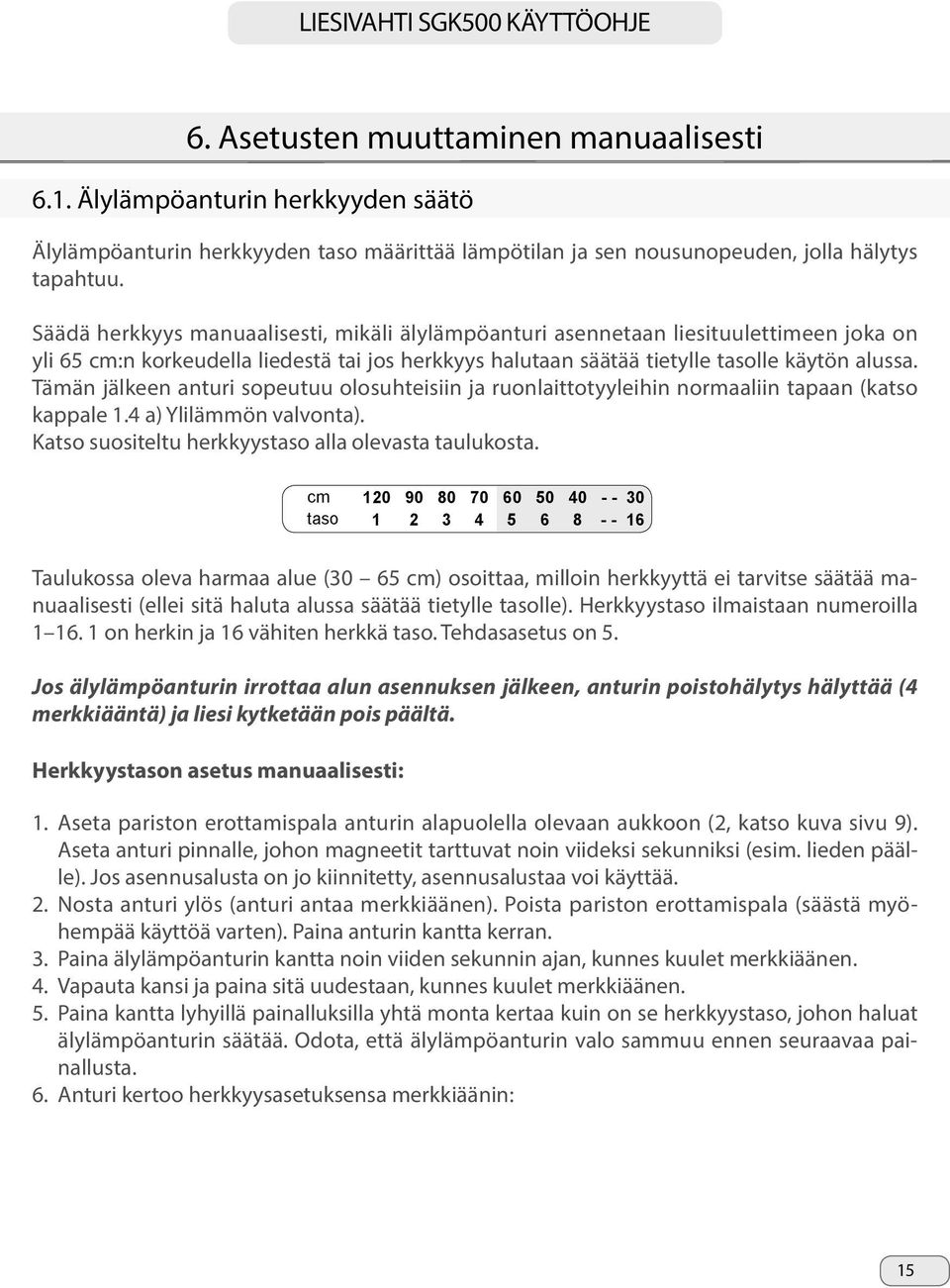 Tämän jälkeen anturi sopeutuu olosuhteisiin ja ruonlaittotyyleihin normaaliin tapaan (katso kappale 1.4 a) Ylilämmön valvonta). Katso suositeltu herkkyystaso alla olevasta taulukosta.