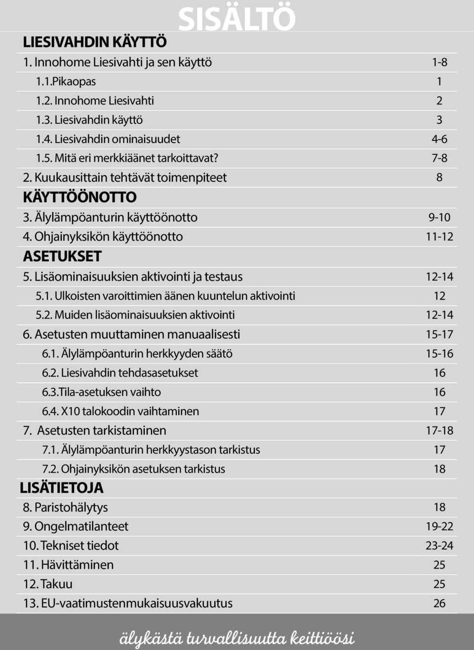 Lisäominaisuuksien aktivointi ja testaus 12-14 5.1. Ulkoisten varoittimien äänen kuuntelun aktivointi 12 5.2. Muiden lisäominaisuuksien aktivointi 12-14 6. Asetusten muuttaminen manuaalisesti 15-17 6.