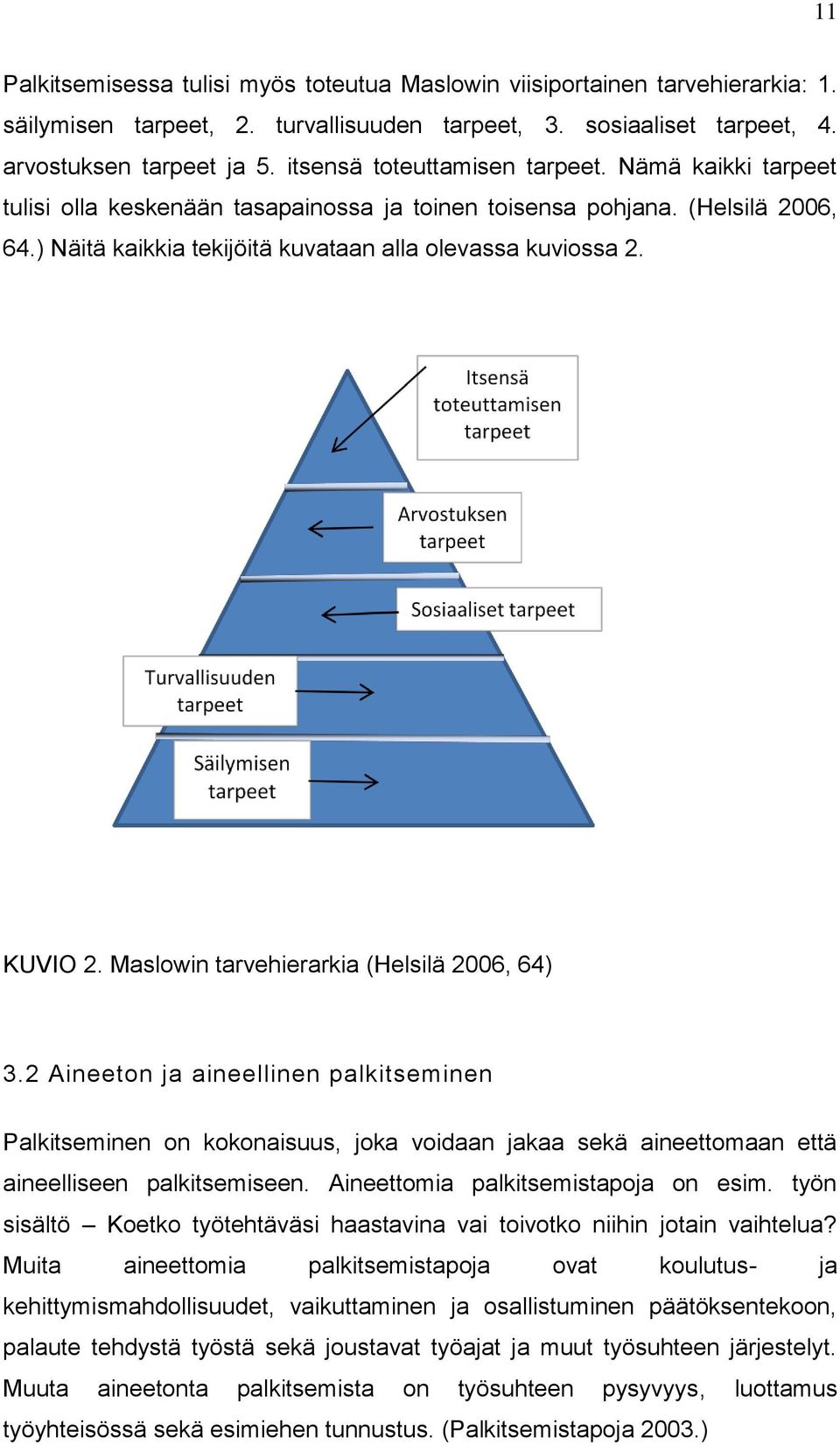 KUVIO 2. Maslowin tarvehierarkia (Helsilä 2006, 64) 3.2 Aineeton ja aineellinen palkitseminen Palkitseminen on kokonaisuus, joka voidaan jakaa sekä aineettomaan että aineelliseen palkitsemiseen.