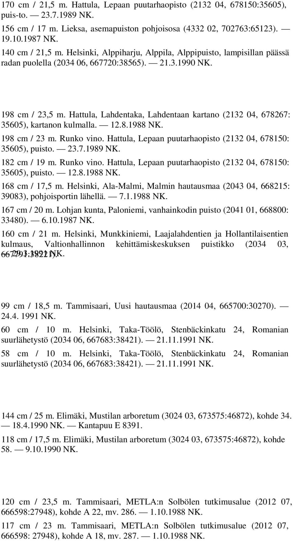 Hattula, Lahdentaka, Lahdentaan kartano (2132 04, 678267: 35605), kartanon kulmalla. 12.8.1988 NK. 198 cm / 23 m. Runko vino. Hattula, Lepaan puutarhaopisto (2132 04, 678150: 35605), puisto. 23.7.1989 NK.