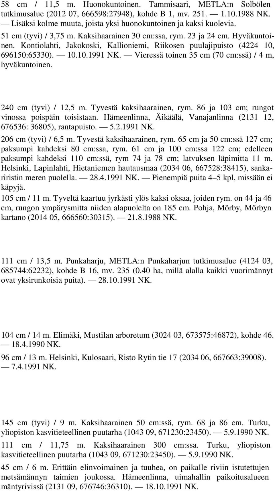 Vieressä toinen 35 cm (70 cm:ssä) / 4 m, hyväkuntoinen. 240 cm (tyvi) / 12,5 m. Tyvestä kaksihaarainen, rym. 86 ja 103 cm; rungot vinossa poispäin toisistaan.