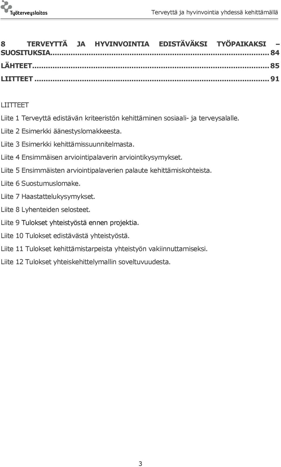 Liite 3 Esimerkki kehittämissuunnitelmasta. Liite 4 Ensimmäisen arviointipalaverin arviointikysymykset. Liite 5 Ensimmäisten arviointipalaverien palaute kehittämiskohteista.