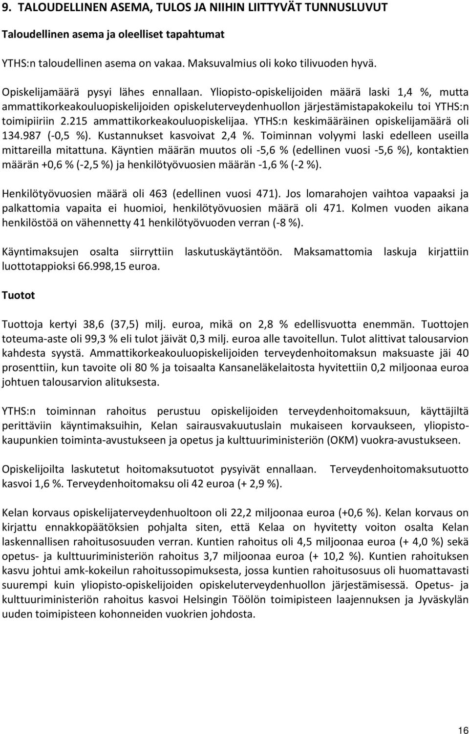 215 ammattikorkeakouluopiskelijaa. YTHS:n keskimääräinen opiskelijamäärä oli 134.987 (-0,5 %). Kustannukset kasvoivat 2,4 %. Toiminnan volyymi laski edelleen useilla mittareilla mitattuna.