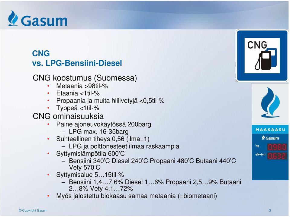 <1til-% CNG ominaisuuksia Paine ajoneuvokäytössä 200barg LPG max.