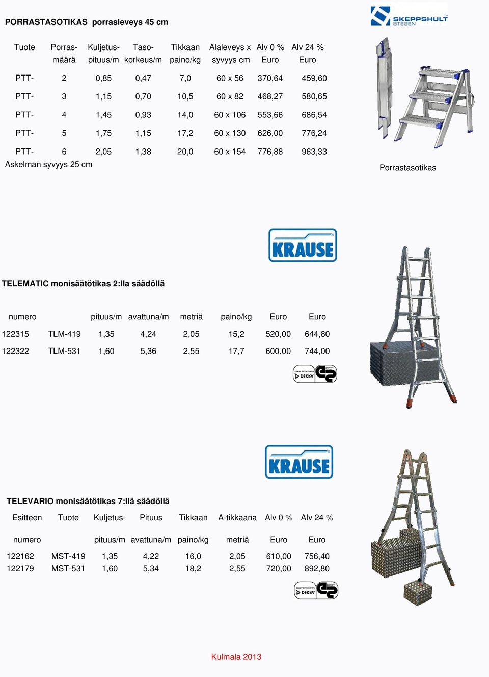 cm Porrastasotikas TELEMATIC monisäätötikas 2:lla säädöllä numero pituus/m avattuna/m metriä paino/kg Euro Euro 122315 TLM-419 1,35 4,24 2,05 15,2 520,00 644,80 122322 TLM-531 1,60 5,36 2,55 17,7