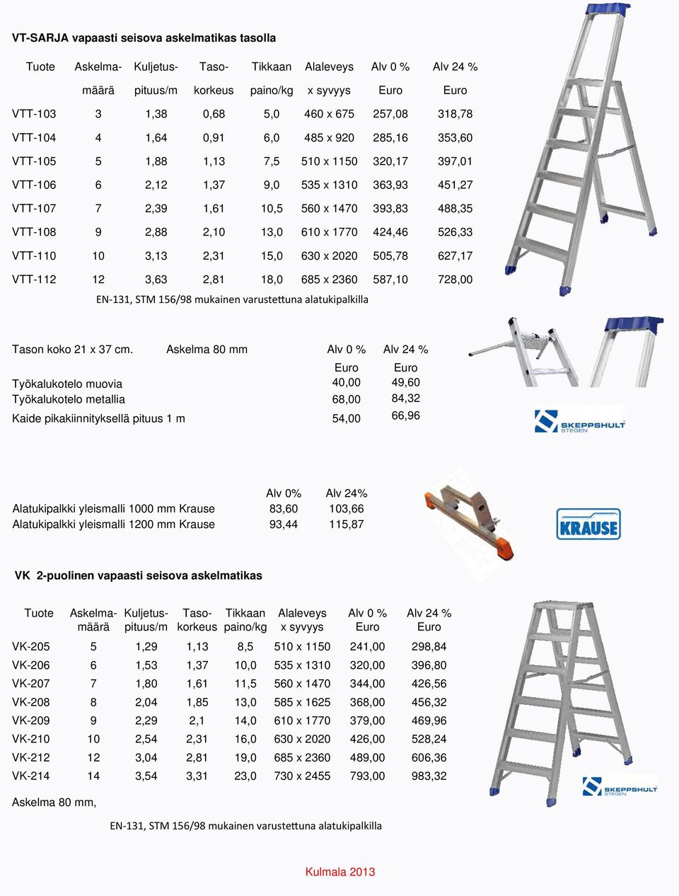 393,83 488,35 VTT-108 9 2,88 2,10 13,0 610 x 1770 424,46 526,33 VTT-110 10 3,13 2,31 15,0 630 x 2020 505,78 627,17 VTT-112 12 3,63 2,81 18,0 685 x 2360 587,10 728,00 EN 131, STM 156/98 mukainen