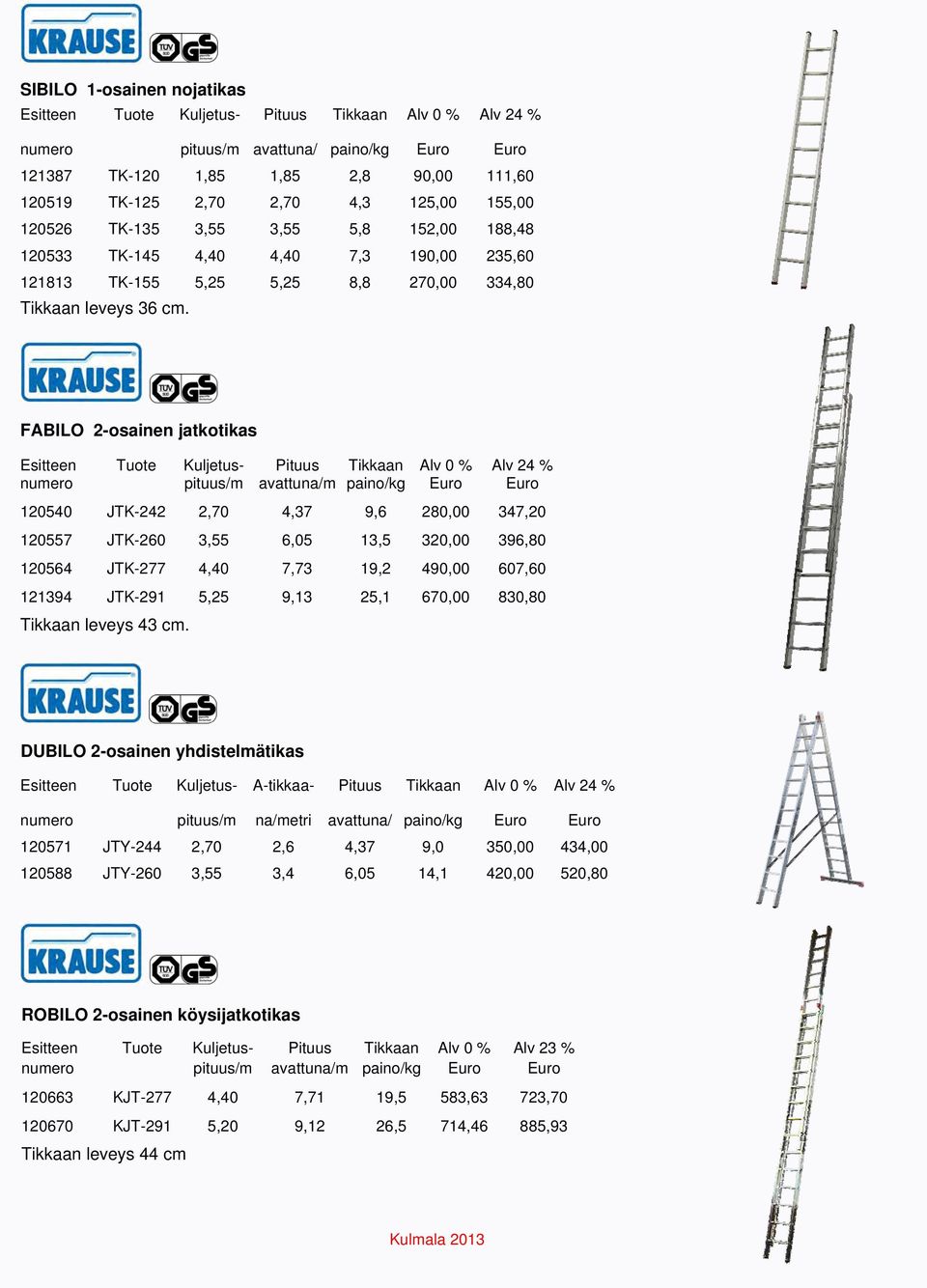 FABILO 2-osainen jatkotikas Esitteen Tuote Kuljetus- Pituus Tikkaan Alv 0 % Alv 24 % numero pituus/m avattuna/m paino/kg Euro Euro 120540 JTK-242 2,70 4,37 9,6 280,00 347,20 120557 JTK-260 3,55 6,05