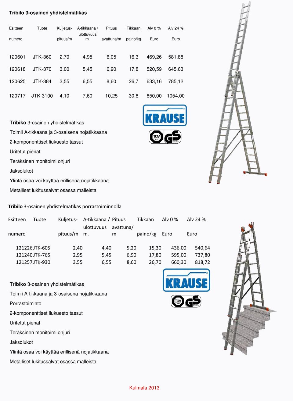 7,60 10,25 30,8 850,00 1054,00 Tribiko 3-osainen yhdistelmätikas Toimii A-tikkaana ja 3-osaisena nojatikkaana 2-komponenttiset liukuesto tassut Uritetut pienat Teräksinen monitoimi ohjuri Jaksolukot