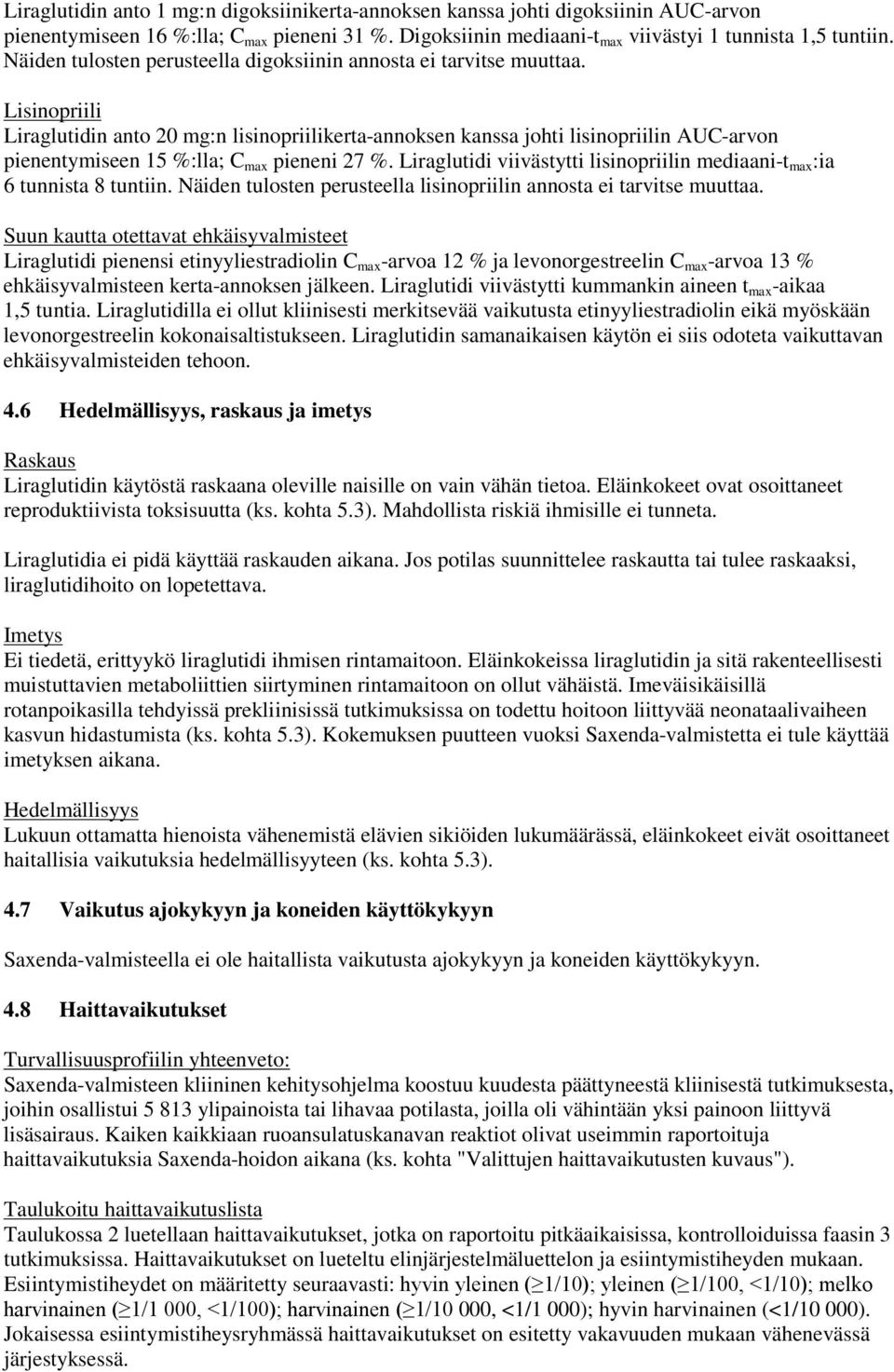 Lisinopriili Liraglutidin anto 20 mg:n lisinopriilikerta-annoksen kanssa johti lisinopriilin AUC-arvon pienentymiseen 15 %:lla; C max pieneni 27 %.